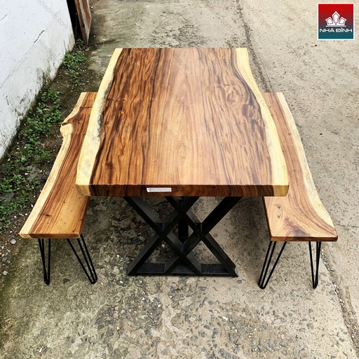 Bàn Ăn 2 Băng Ghế Gỗ Me Tây Dài Khối Dài 132 Rộng 88-89 Dày 7 (cm)