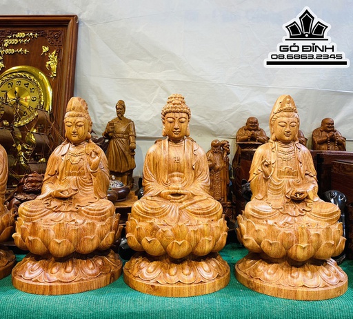 Tượng Tam Thế Phật Gỗ Hương Đá Nguyên Khối Cao 40 Ngang 23 Sâu 23 (cm)