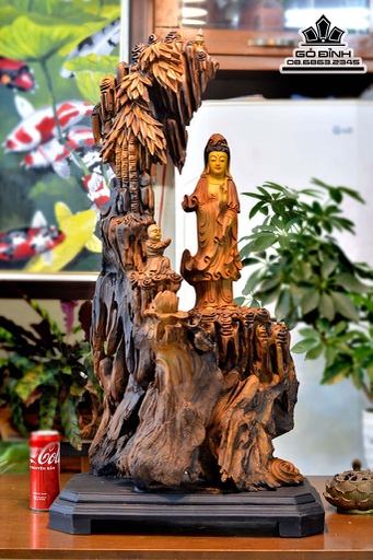 Tượng Quan Âm Bồ Tát Gỗ Bách Xanh Cao 91 Ngang 41 Sâu 28 (cm)