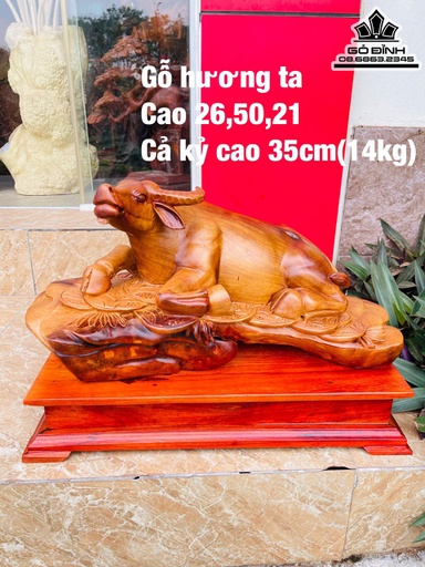 Tượng Trâu Phong Thủy Gỗ Hương Cao 26 Ngang 50 Sâu 21 (cm)