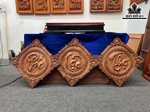 Tranh Phúc Lộc Thọ Gỗ Hương Cao 45 Ngang 45 Sâu 3,5  (cm)