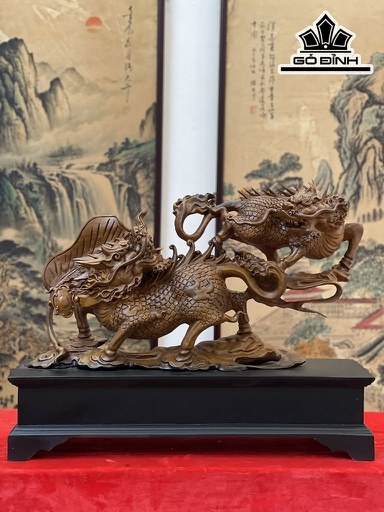Tượng Song Lân Tài Lộc Gỗ Bách Xanh Cao 34 Ngang 60 Sâu 14 (cm)