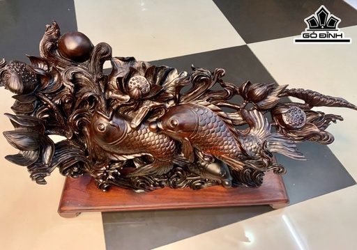 Tượng Tam Ngư Vờn Sen Gỗ Trắc Cao 37 Ngang 58 Sâu 13 (cm)