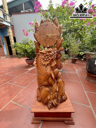 Đồng Hồ Cá Chép Hóa Rồng Gỗ Hương Cao 80 Ngang 36 Sâu 21 (cm)
