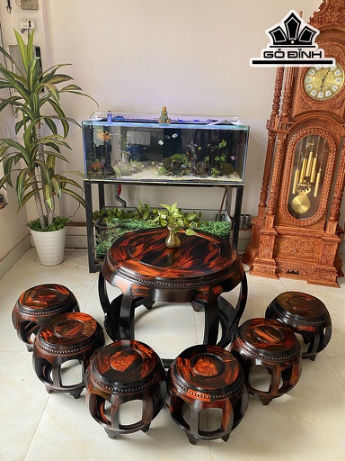 Bộ Đôn Trống Gỗ Trắc Cao 63 Đường Kính Mặt Bàn 76 Phủ Bì 91 (cm)
