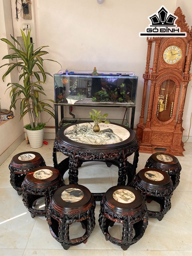 Bộ Đôn Trúc Gỗ Trắc Mặt Bàn Gỗ Cẩm Thạch Cao 70 Đường Kính Mặt 92 (cm)