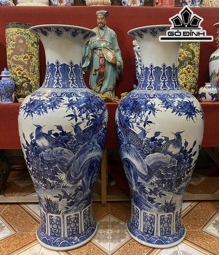 Đôi Bình Vẽ Chim Hoa Men Tràm Gốm Giang Tô Cao 127  Đường Kính Bụng 172 (cm)
