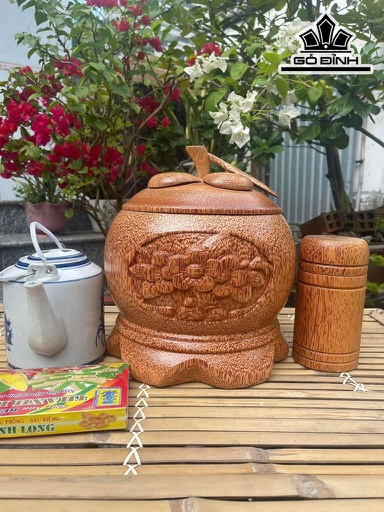 Vỏ Bình Giữ Nhiệt Nắp Măng Cụt Khắc Bông Hoa Gỗ Dừa Loại 1 Lít