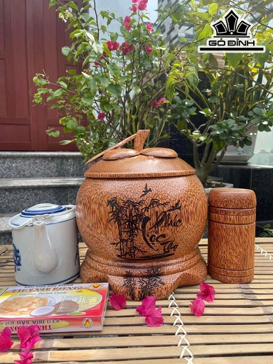 Vỏ Bình Giữ Nhiệt Nắp Măng Cụt Khắc Chữ Phúc Lộc Thọ Gỗ Dừa Loại 1 Lít