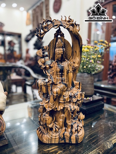 Tượng Phật Bà Quán Thế Âm Tự Tại Gỗ Mun Hoa Cao 58 Ngang 23 Sâu 16 (cm)