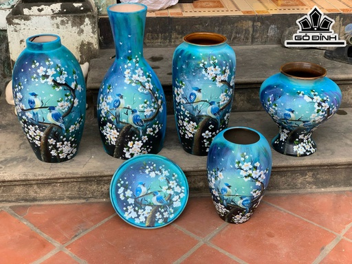 Set Chim Hoa Mận Tone Trầm Gốm Bát Tràng