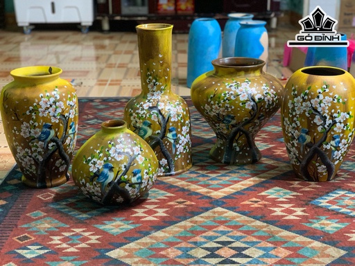 Set Chim Hoa Mận Tone Vàng Gốm Bát Tràng