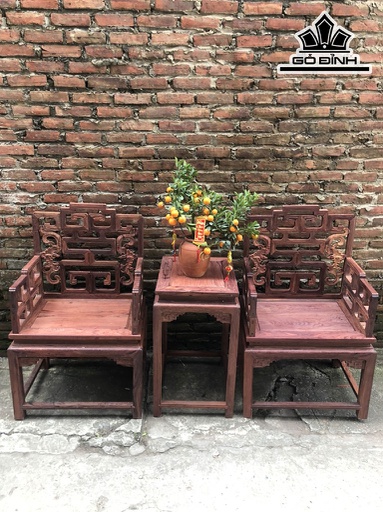Bộ Ghế Chữ Hỷ Gỗ Cẩm Cao 110 Mặt 66x50 Đôn Cao 76 Ngang 42 Sâu 50 (cm)