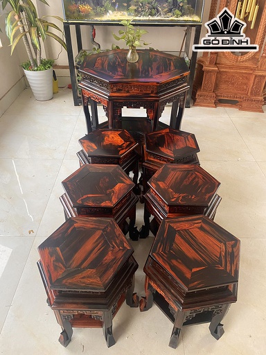 Bộ Đôn Gỗ Trắc Bàn Cao 71 Mặt Bàn Rộng 81 Ghế Cao 42 Mặt Ghế Rộng 37 (cm)