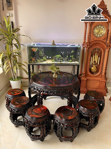 Bộ Đôn Trạm Trúc Gỗ Trắc Bàn Cao 70 Đường Kính Mặt 92 Đôn Cao 43 Đường Kính Mặt 30 (cm)