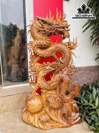 Tượng Nhất Long Vờn Ngọc Gỗ Ngọc Am Cao 95 Ngang 55 Sâu 20 (cm)