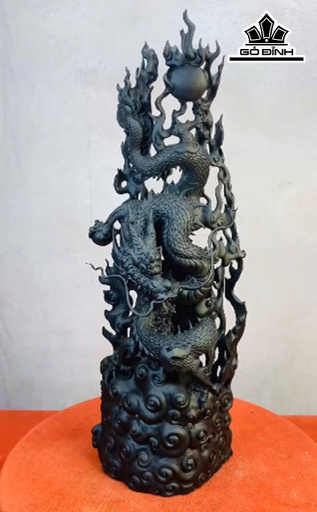 Tượng Nhất Long Vờn Ngọc Gỗ Mun Sừng Cao 74 Ngang 28 Sâu 24 (cm)