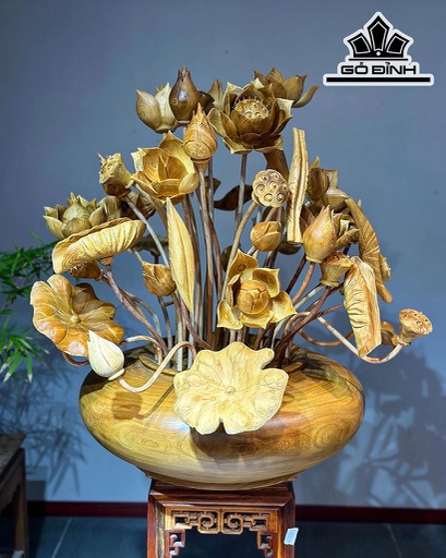 Bình Hoa Sen Gỗ Cẩm Vàng 43 Cành Cao 80 Ngang 75 Sâu 75 (cm)