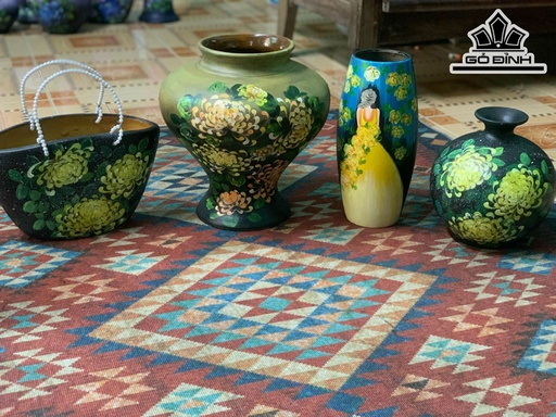 Set 5 Bình Vẽ Cúc Vàng Cô Gái  Gốm Bát Tràng