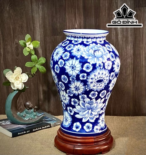 Bình Hoa Vẽ Ngàn Hoa Lam Gốm Bát Tràng Cao 31 Miệng 14 (cm)