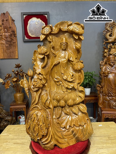 Tượng Phật Bà Quan Âm Đứng Đài Sen Gỗ Ngọc Am Cao 90 Ngang 52 Sâu 22 (cm)