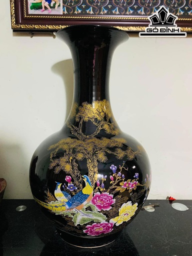 Bình Viền Vàng Vẽ Chim Hoa Men Huyền Thạch Gốm Tàu Cao 60 Đường Kính Bụng 120 (cm)
