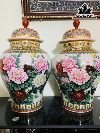Cặp Chóe Vẽ Chim Hoa Men Ngũ Sắc Gốm Tàu Cao 62 Đường Kính Bụng 110 (cm) Thể Tích 30 (lit)