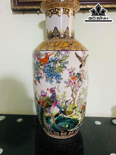 Lục Bình Vẽ Tích Phú Quý Bạc Đầu Gấm Ngũ Sắc Gốm Tàu Cao 65 Đường Kính Bụng 90 (cm)
