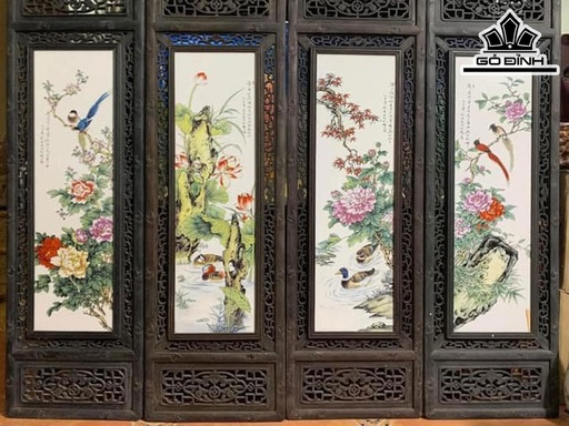 Tranh Tứ Quý Men Ngũ Sắc Gốm tàu Cao 120 Ngang 38 (cm)