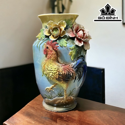 Bình Đắp Kim Kê Đại Cát Gốm Bát Tràng Cao 32 Đường Kính Bụng 20 Miệng 13 (cm)