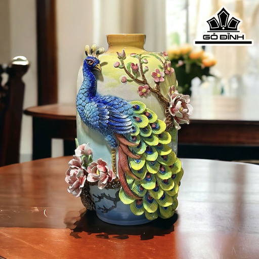 Bình Hoa Đắp Nổi Chim Công Gốm Bát Tràng Cao 33 Đường Kính Bụng 20 Miệng 7 (cm)