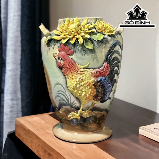 Bình Hoa Đắp Nổi Gốm Bát Tràng Cao 30 Đường Kính Bụng 22 Miệng 10 (cm)