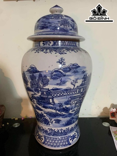 Cặp Chóe Vẽ Sơn Thủy Men Tràm Lam Gốm Tàu Cao 60 Đường Kính Bụng 97 (cm)  Thể Tích 25 (lit)