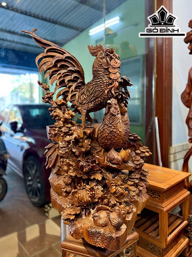 Tượng Gia Đình Gà Gỗ Hương Cao 82 Ngang 50 Sâu 46 (cm)