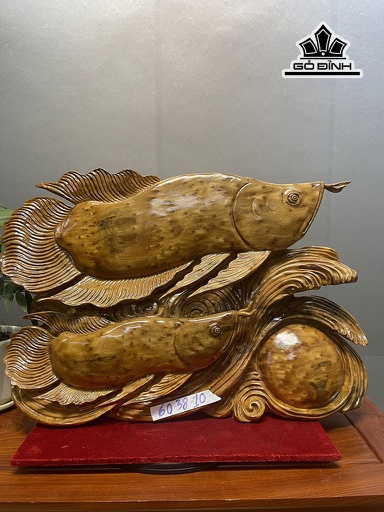Tượng Song Cá Kim Long Gỗ Nu Ngọc Am Cao 38 Ngang 60 Sâu 10 (cm)