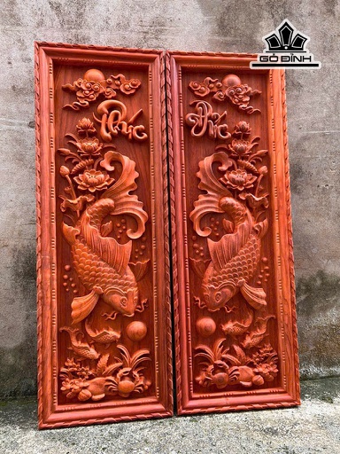 Tranh Cá Chép Gỗ Hương Đỏ Kích Thước 37x107x4,5 (cm)