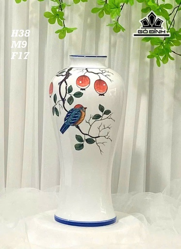 Bình Chân Đèn Vẽ Chim Lựu Gốm Bát Tràng Cao 38 Đường Kính 17 Miệng 9 (cm)