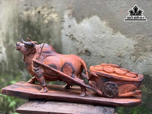 Tượng Bò Tót Kéo Tiền Vàng Gỗ Trắc Cao 22 Ngang 50 Sâu 13 (cm)