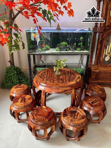 Bộ Đôn 7 Món Gỗ Cẩm Việt Bàn Cao 62 Mặt Bàn Rộng 76 - Phủ Bì Bàn 91 - Ghế Cao 34 - Đường Kính Mặt Ghế Rộng 28 - Phủ Bì Ghế 40 (cm)