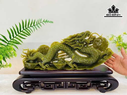 Tượng Nhất Long Vờn Ngọc Đá Serpentine Cao 18,5 Ngang 43 Sâu 6 (cm) - Cao Cả Đế 29 (cm)