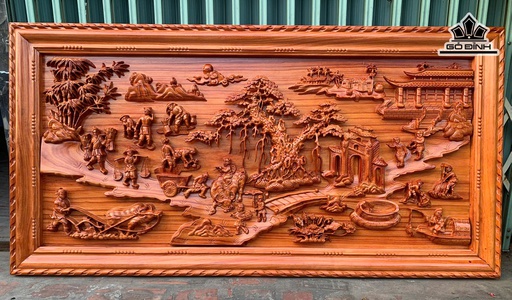 Tranh Đồng Quê Gỗ Hương Đỏ Kích Thước 79x155x5 (cm)