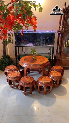 Bộ Đôn Trống 7 Món Gỗ Hương Đá - Bàn Cao 62 Mặt Bàn Rộng 76  - Ghế Cao 35 - Đường Kính Mặt Ghế Rộng 28  (cm)