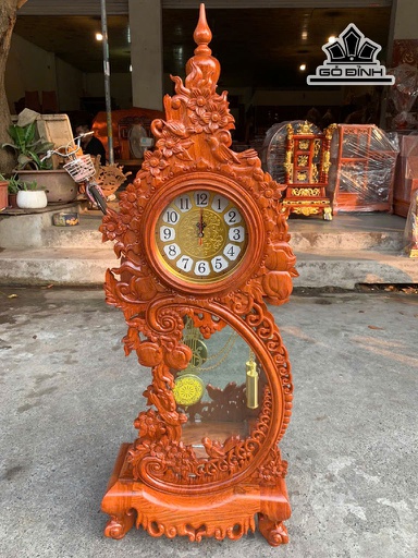 Đồng Hồ Quả Lắc Để Bàn Gỗ Hương Đá Rộng 43 Cao 110 (cm) - Chiều Sâu 14 Bệ Dưới 20 (cm)
