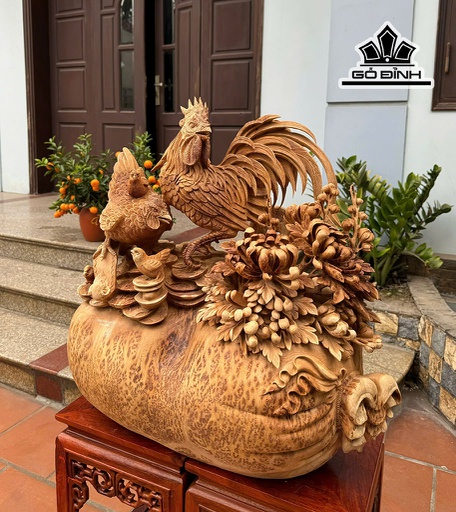 Tượng Gia Đình Gà Gỗ Nu Ngọc Am Cao 65 Ngang 62 Sâu 34 (cm)