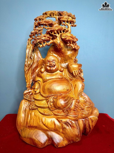 Tượng Phật Di Lặc Ngồi Gốc Tùng Gỗ Sưa Cao 60 Ngang 40 Sâu 24 (cm)