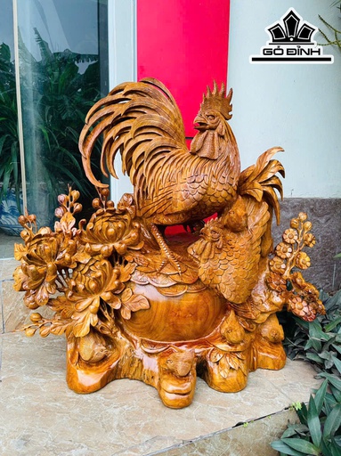Tượng Gia Đình Gà Gỗ Hương Cao 72 Ngang 80 Sâu 35 (cm)
