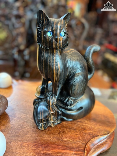 Tượng Mèo Gỗ Mun Hoa Cao 27 Ngang 22 Sâu 12 (cm)