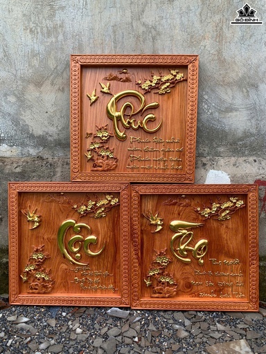 Tranh Phúc Lộc Thọ Gỗ Hương Đá Kích Thước 61x61x4 (cm)