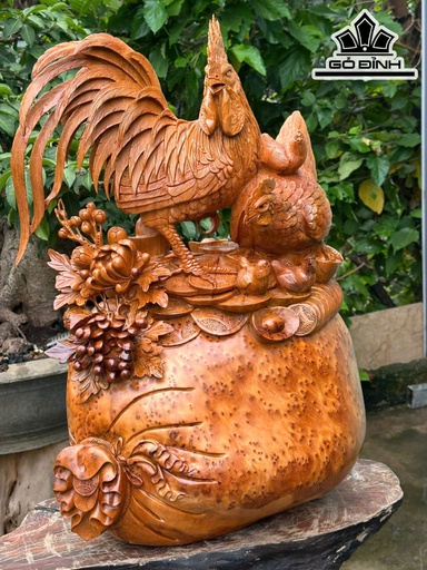 Tượng Gia Đình Gà Gỗ Nu Ngọc Am Cao 68 Ngang 50 Sâu 35 (cm)