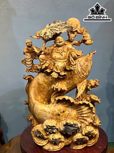 Tượng Phật Di Lặc Ngự Kim Long Tài Lộc Gỗ Nu Ngọc Am Cao 78 Ngang 52 Sâu 27 (cm)